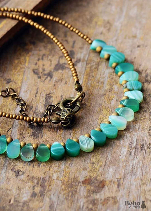 Boho Necklace, Green Semiprecious Stone Seeds